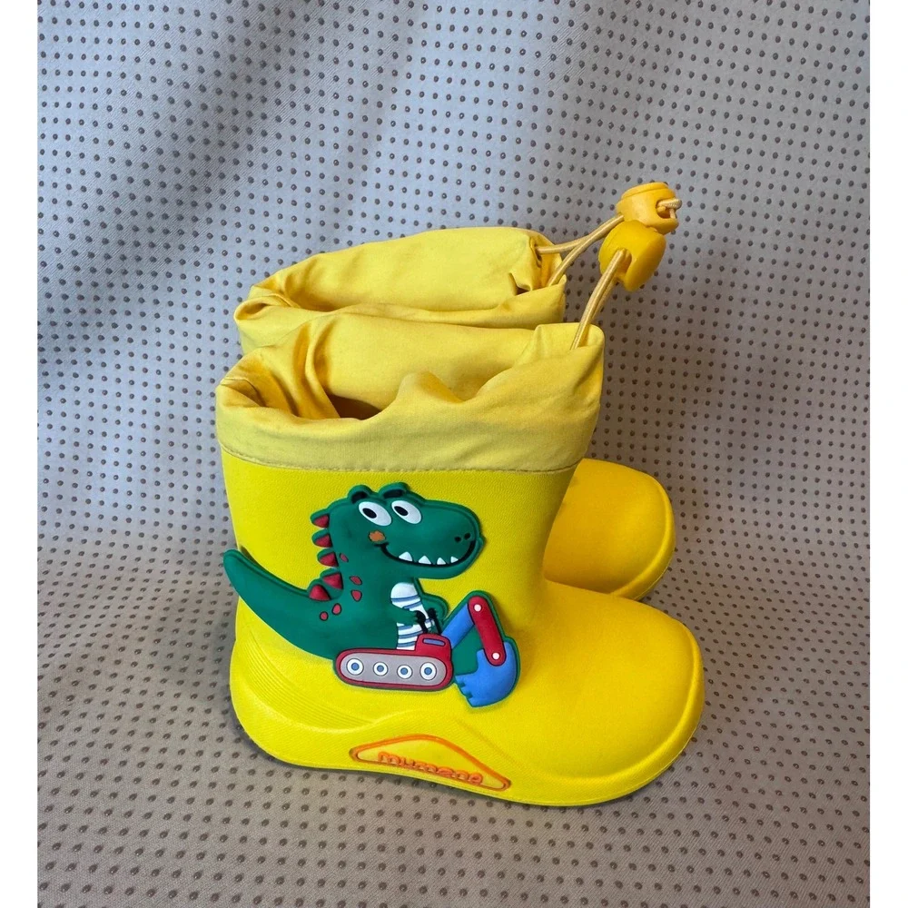 Mumeng Kids Yellow Dinosaur Excavator Rain Boots Waterproof Drawstring US 6